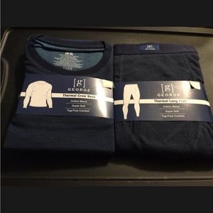 George Men's Thermal Crewneck Top & Bottom Cold Weather Blue Size Large